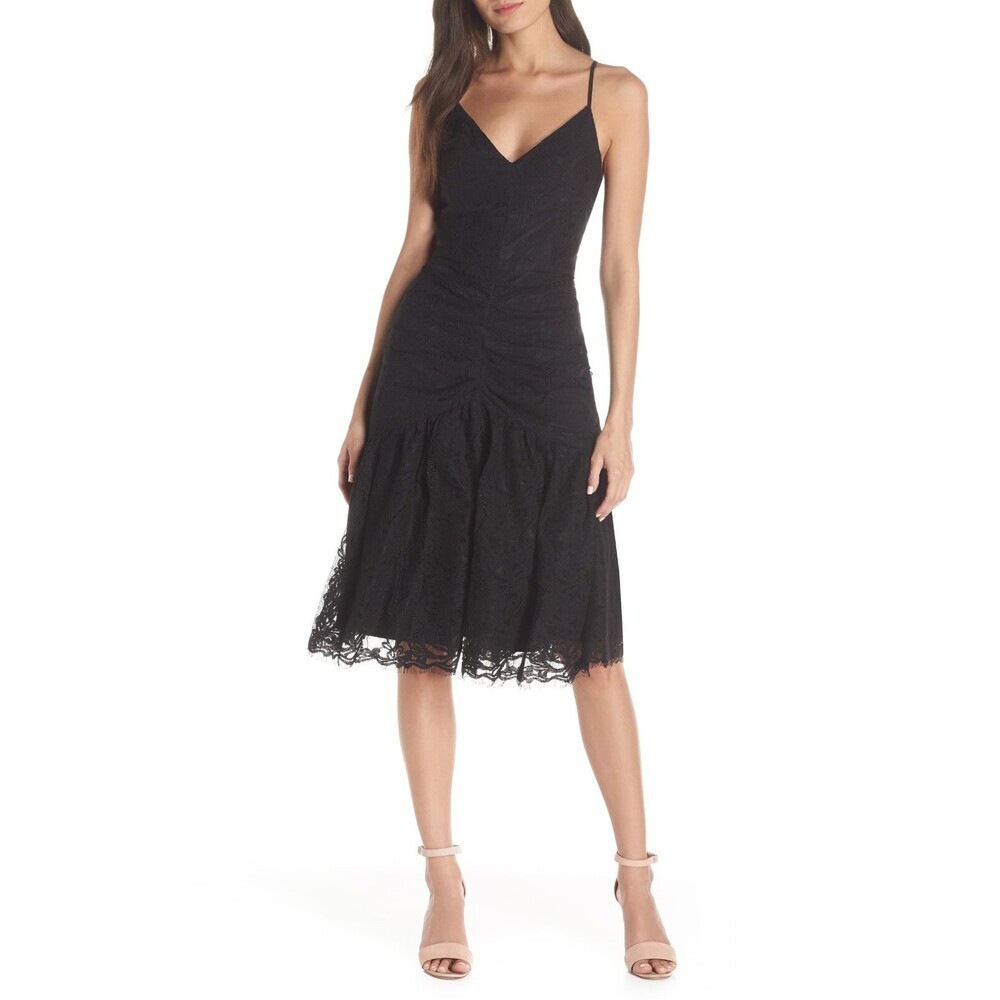 Harlyn women's Ruched Lace sleeveless Dress Black Size M $249